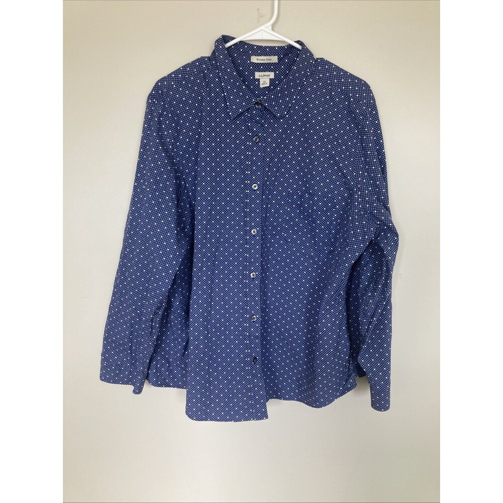 L.L. Bean 3X Blue White Dot Wrinkle Free Button Front Shirt Career Office